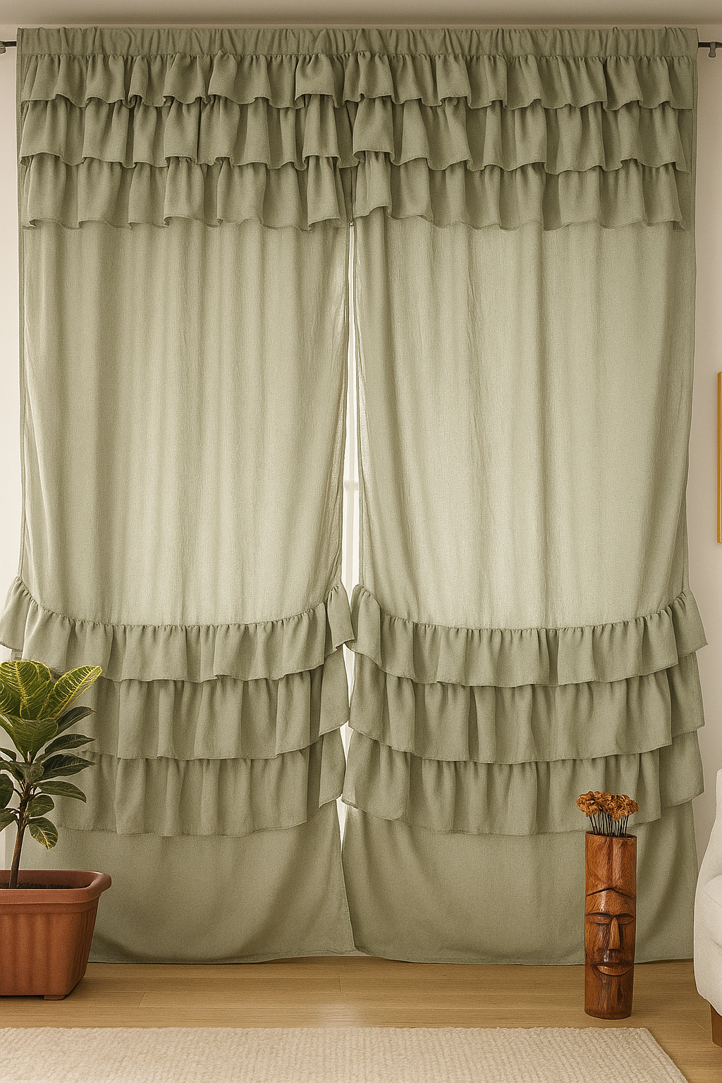 Soft Sage Green Sheer Window Curtains with Layered Ruffle Detail
