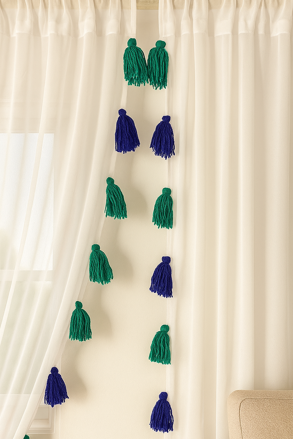 White Sheer Curtains with Blue and Green Tassels