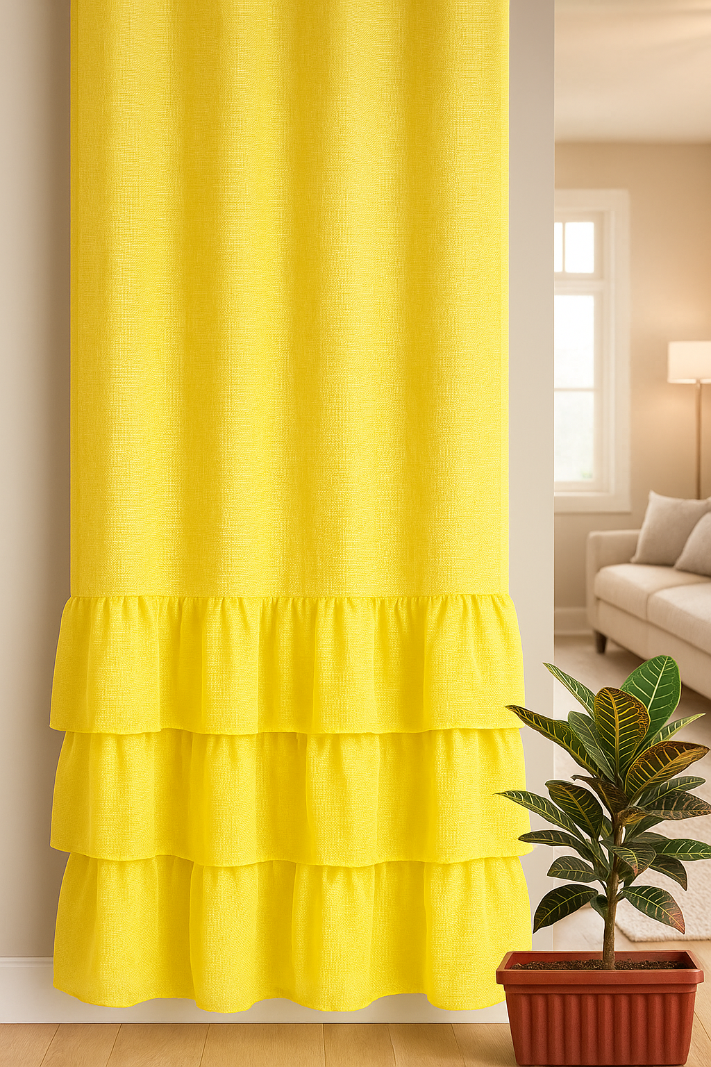 Yellow Sheer Window Curtain with Soft Layered Ruffle Design