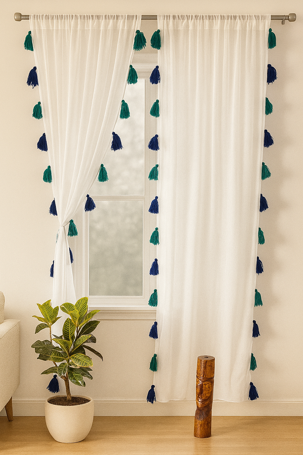 White Sheer Curtains with Blue and Green Tassels