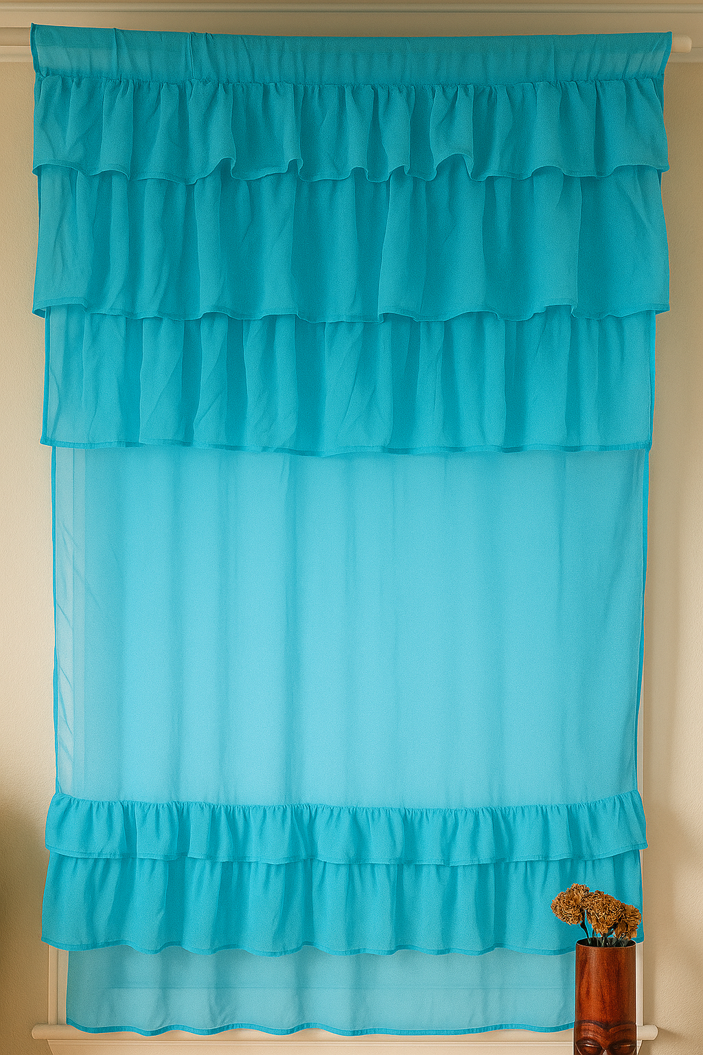 Turquoise Sheer Window Curtain with Soft Layered Ruffles