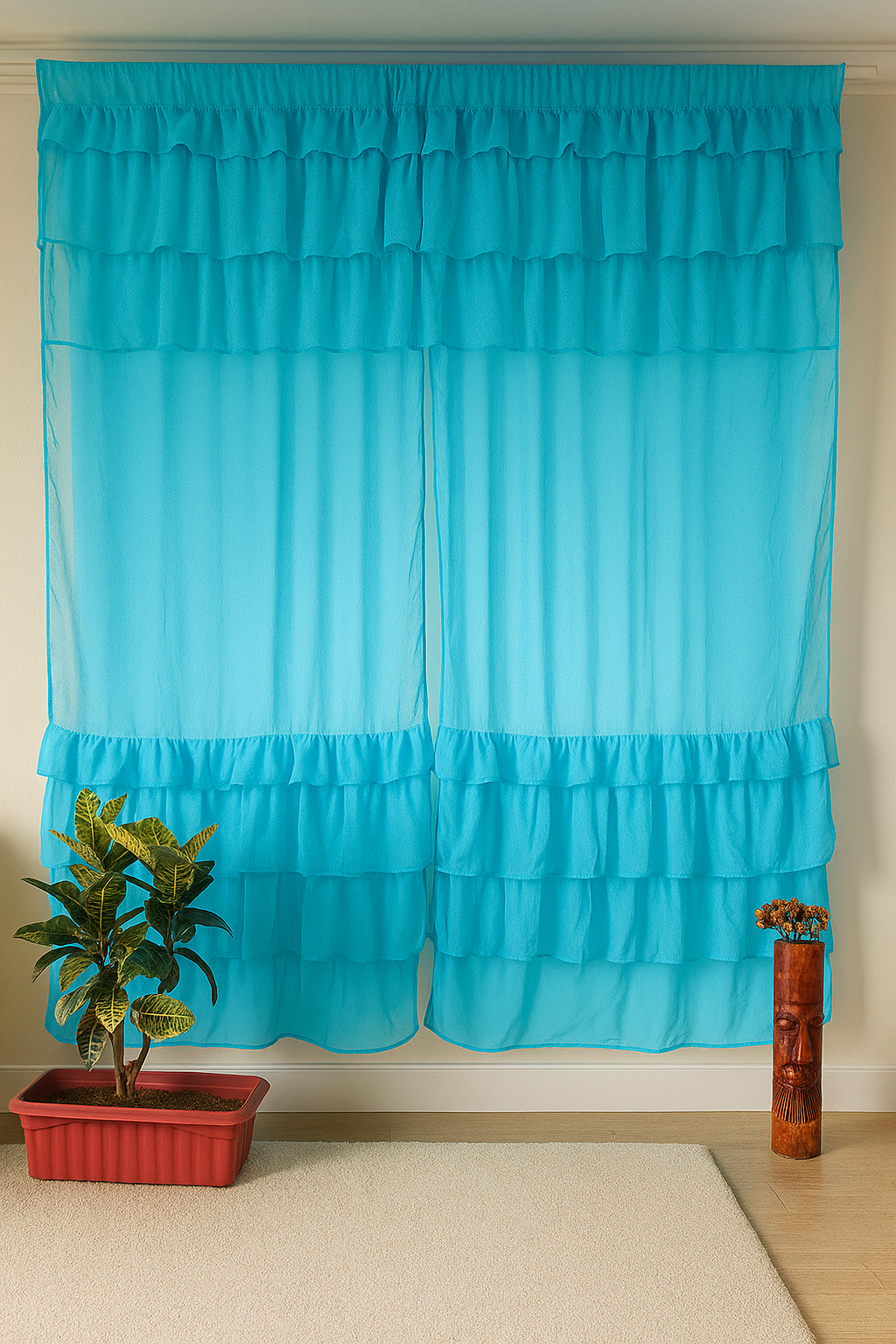 Turquoise Sheer Window Curtain with Soft Layered Ruffles Secondary image