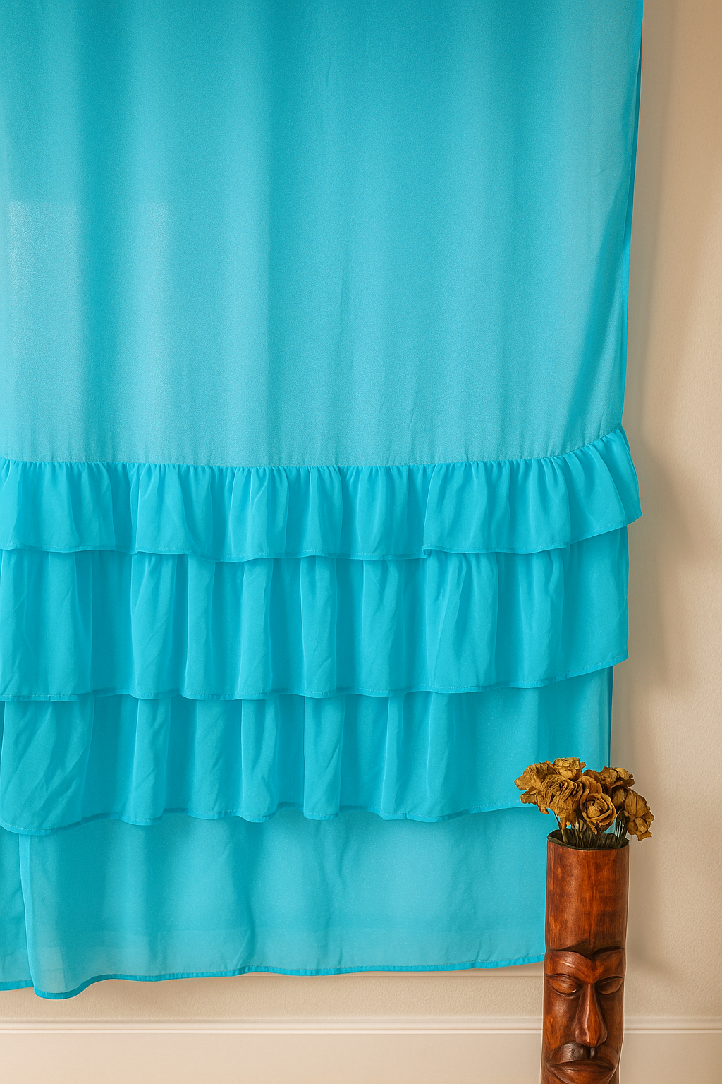 Turquoise Sheer Window Curtain with Soft Layered Ruffles