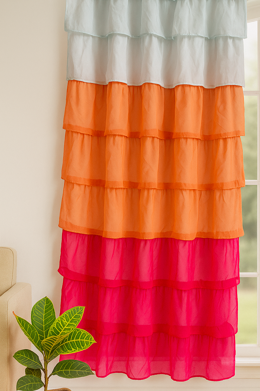 Layered Sheer Window Curtain in Mint, White, Orange and Pink