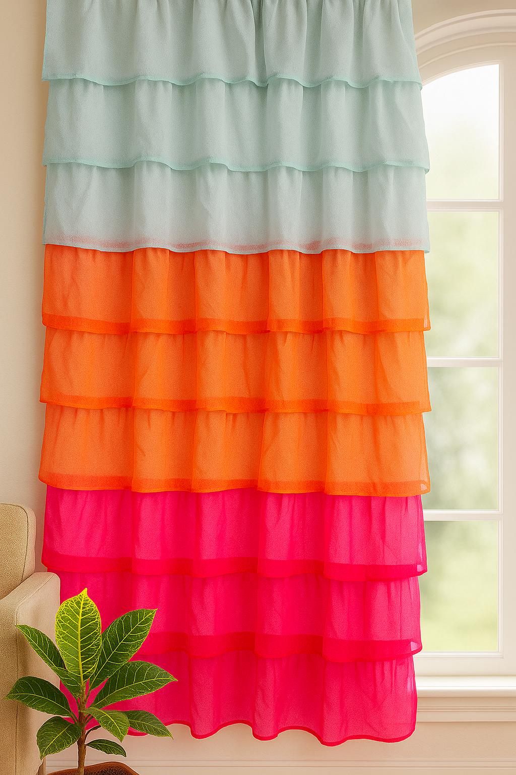 Layered Sheer Window Curtain in Mint, White, Orange and Pink