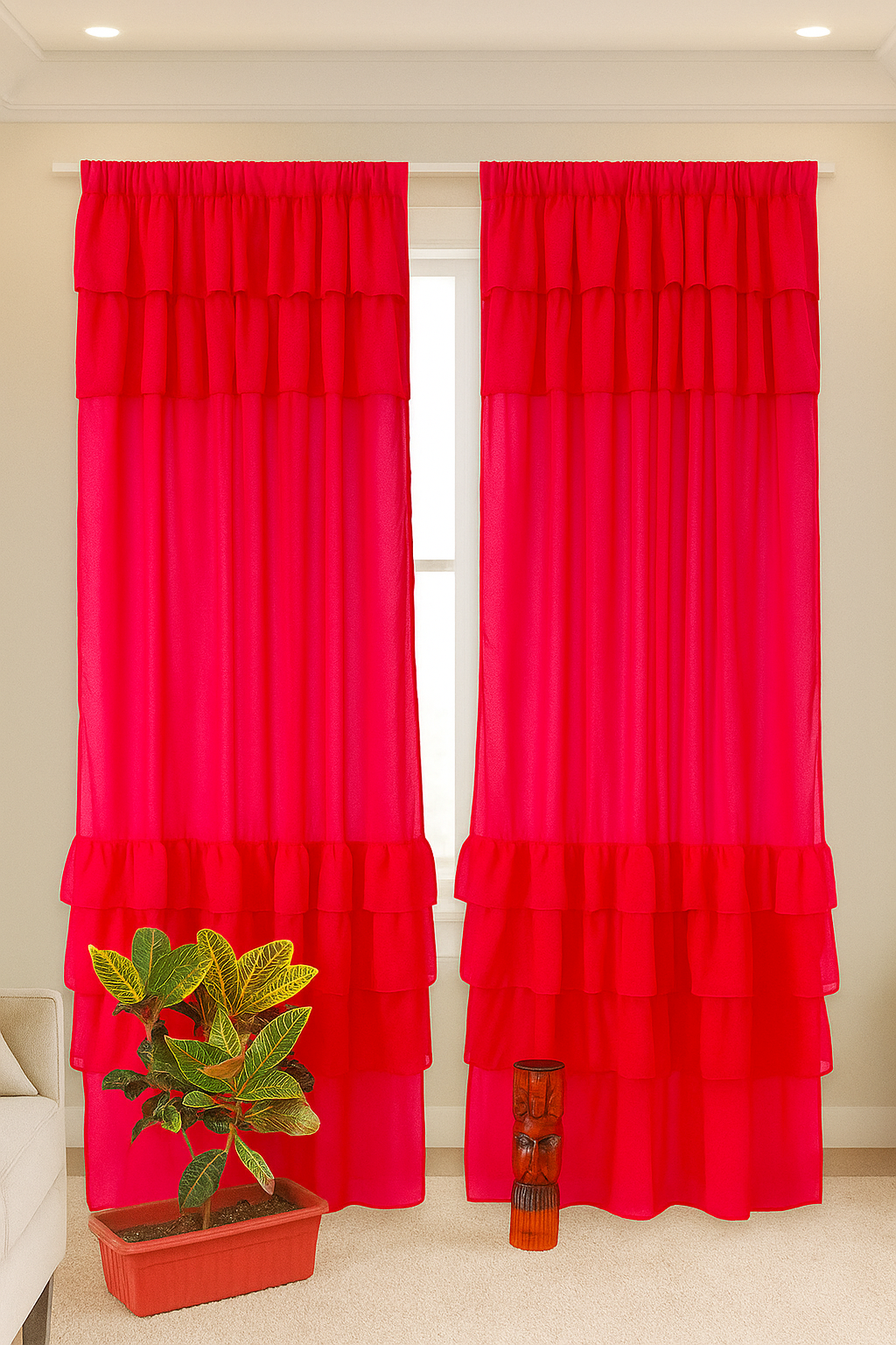 Decorative Deep Red Curtain Panel with Soft Hanging Pleats and Beautiful Ruffle Layers