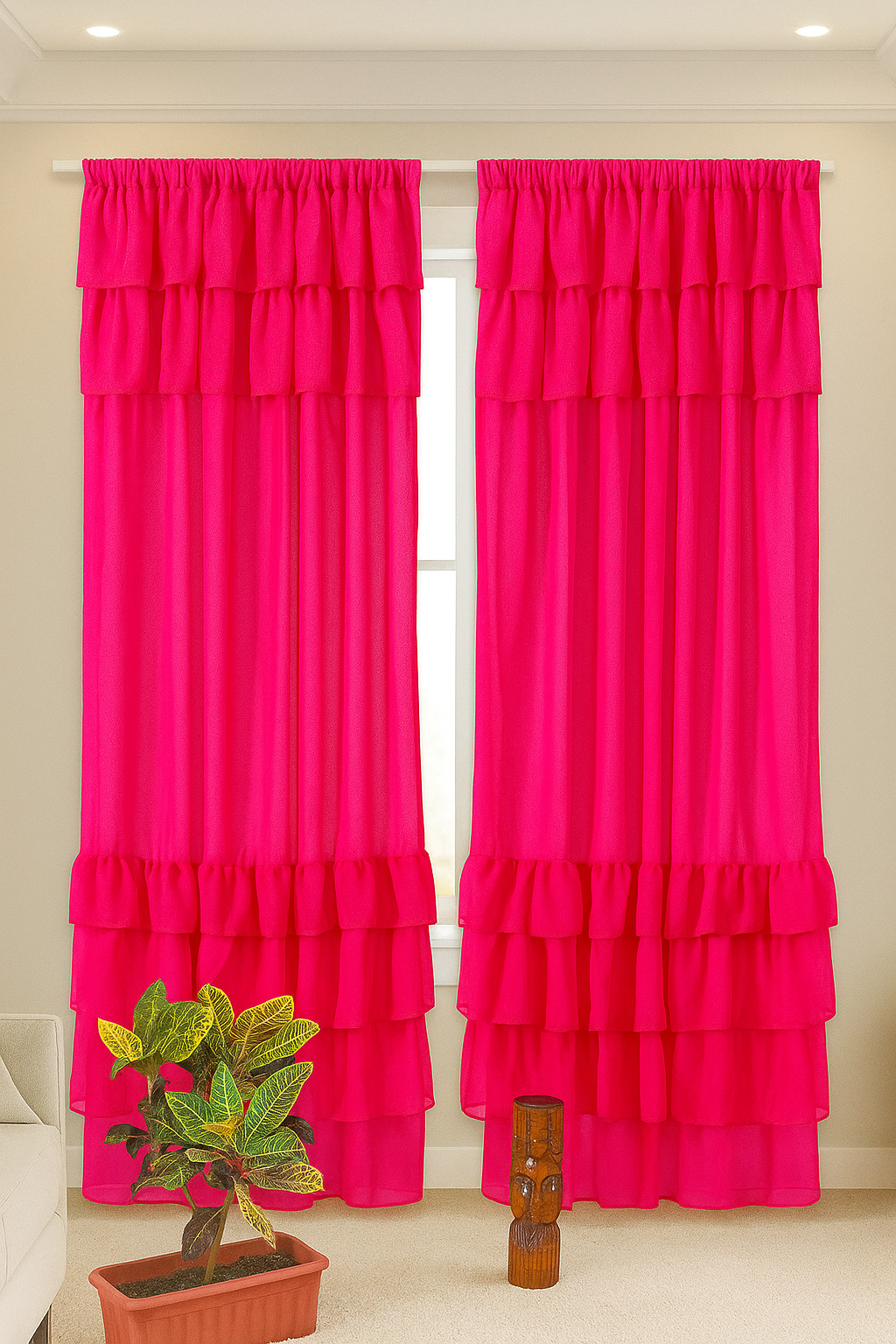 Decorative Deep Red Curtain Panel with Soft Hanging Pleats and Beautiful Ruffle Layers