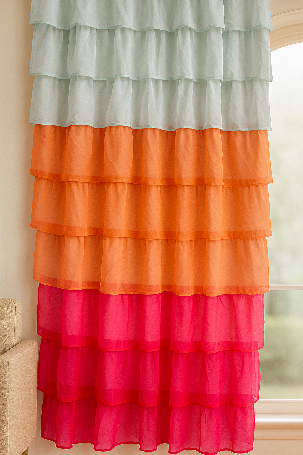 Layered Sheer Window Curtain in Mint, White, Orange and Pink