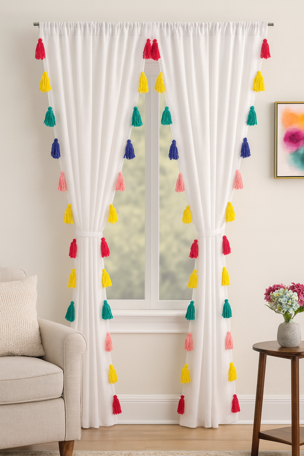 White Sheer Curtains with Vibrant Multi-Colored Tassels Main image