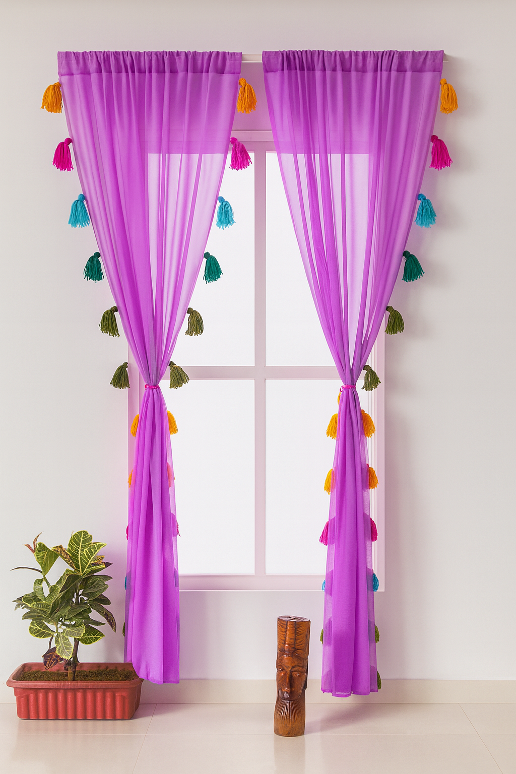 Sheer Purple Window Curtain with Colorful Tassel Accents