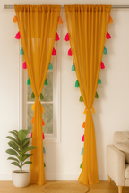 Mustard Yellow Sheer Curtains with Colorful Tassels