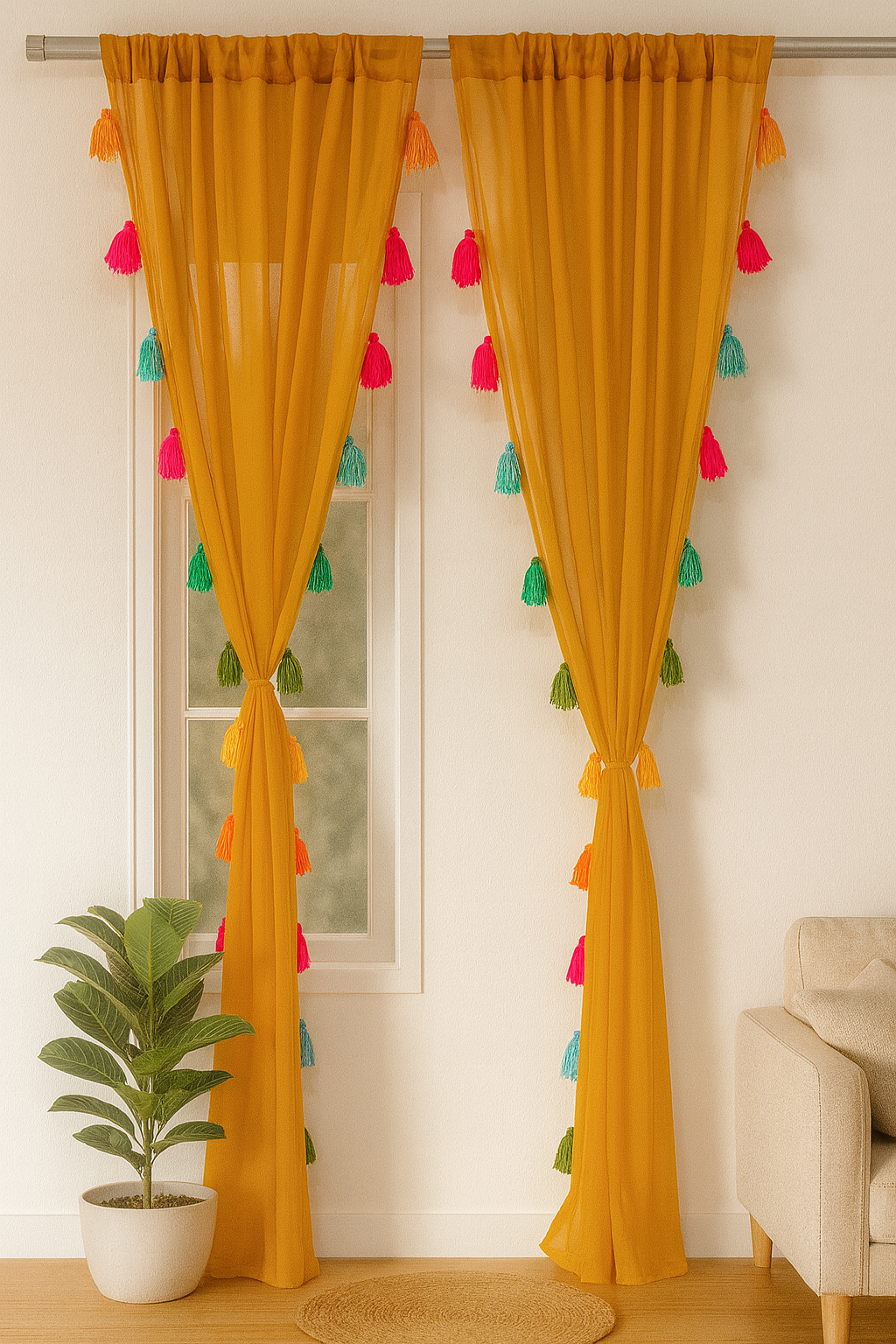 Mustard Yellow Sheer Curtains with Colorful Tassels