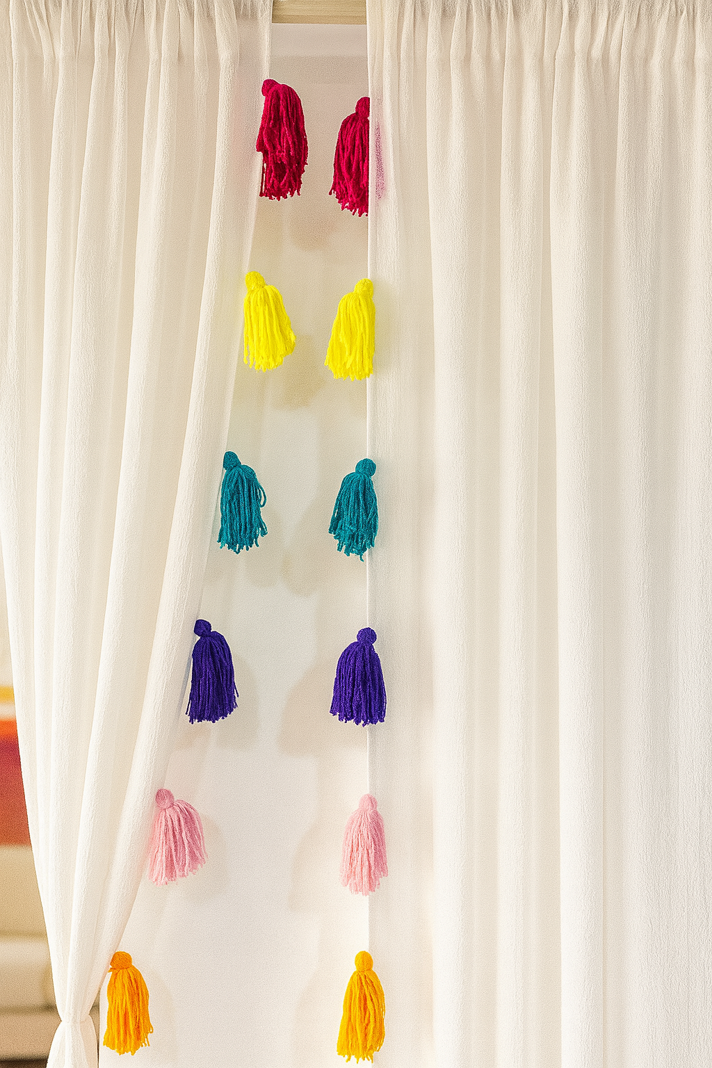 White Sheer Curtains with Vibrant Multi-Colored Tassels Secondary image