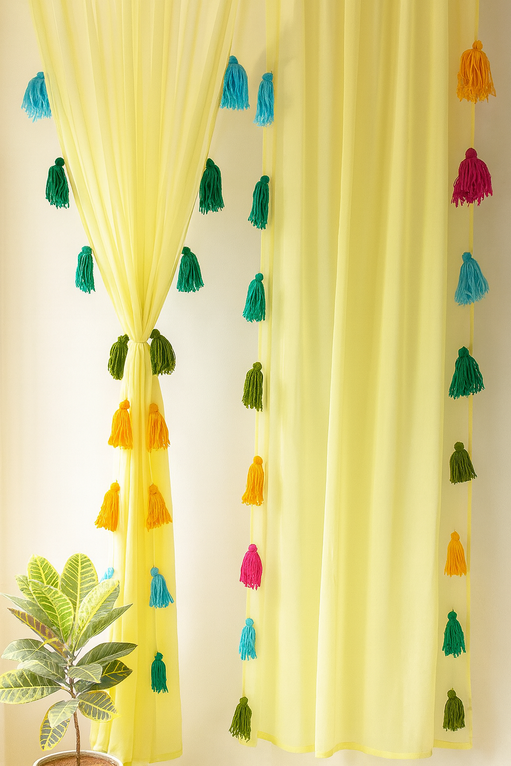 Sheer Yellow Window Curtain with Multicolor Tassel Detailing