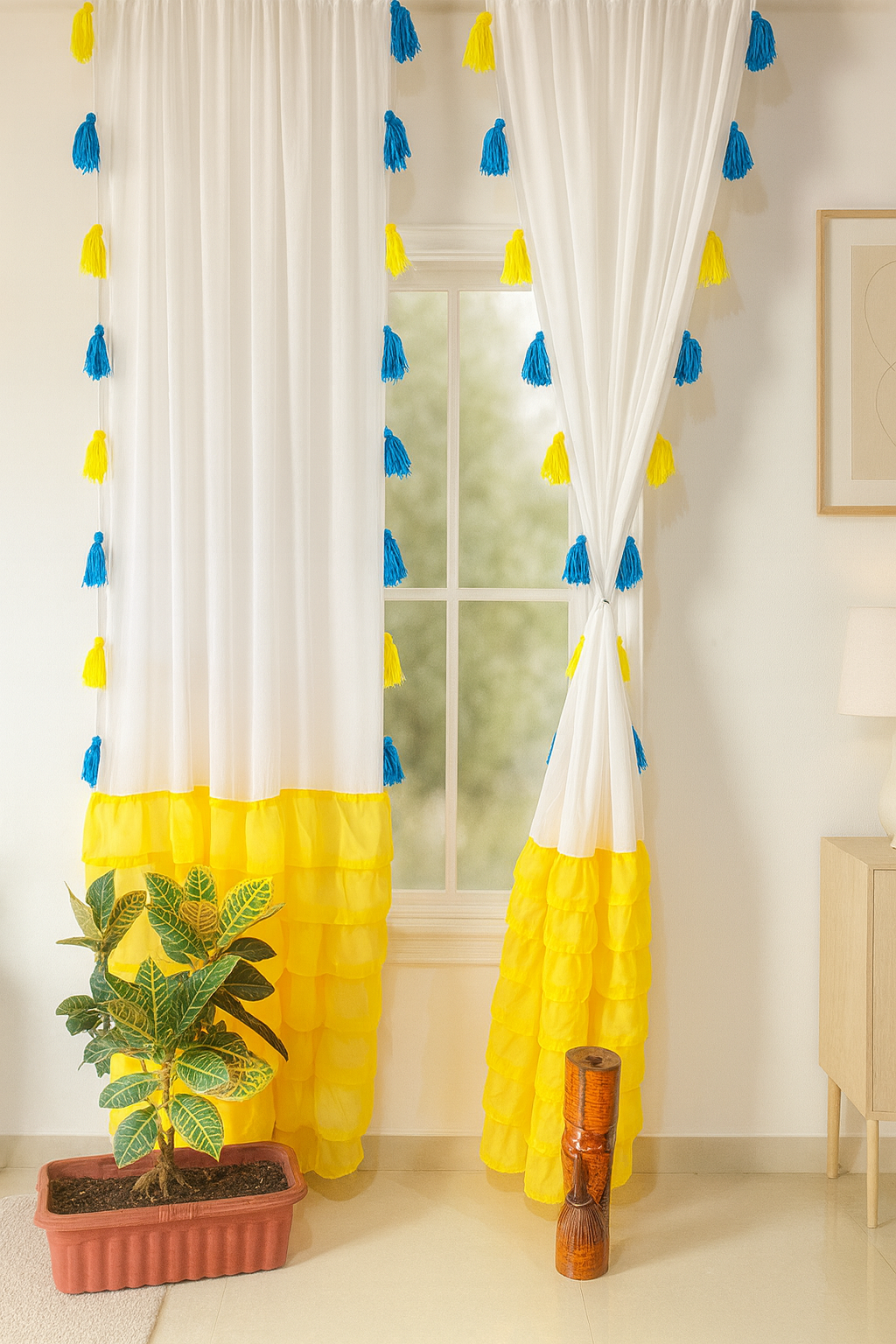 White Curtains with Yellow Layered Bottom and Blue-Yellow Tassels