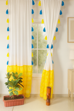 White Curtains with Yellow Layered Bottom and Blue-Yellow Tassels