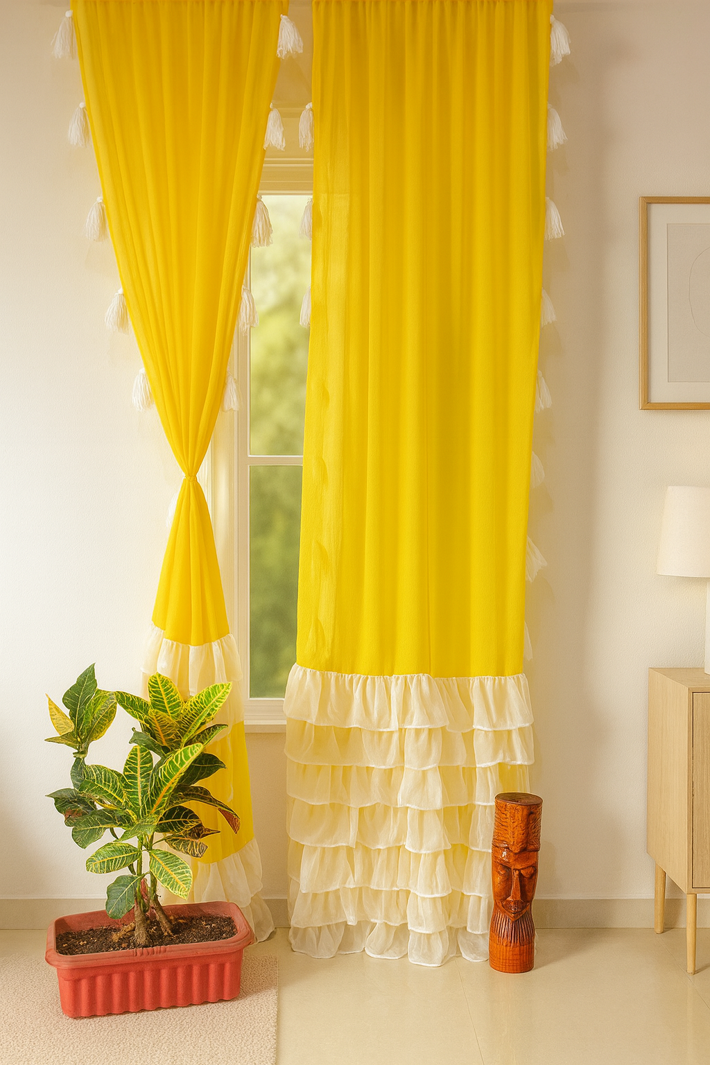 Sheer Yellow Curtains with Tassel Accents and Layered Border Main image