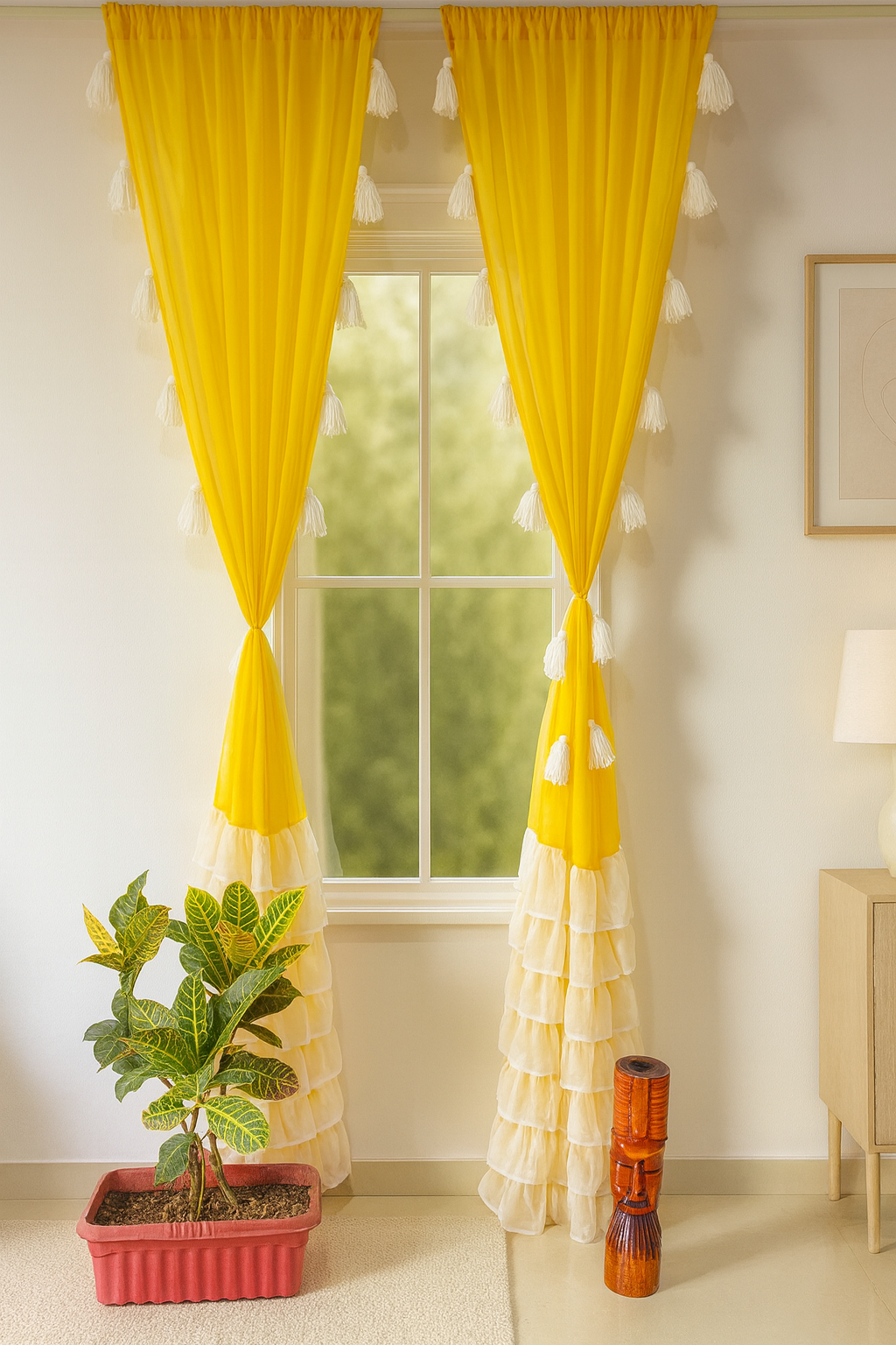 Sheer Yellow Curtains with Tassel Accents and Layered Border