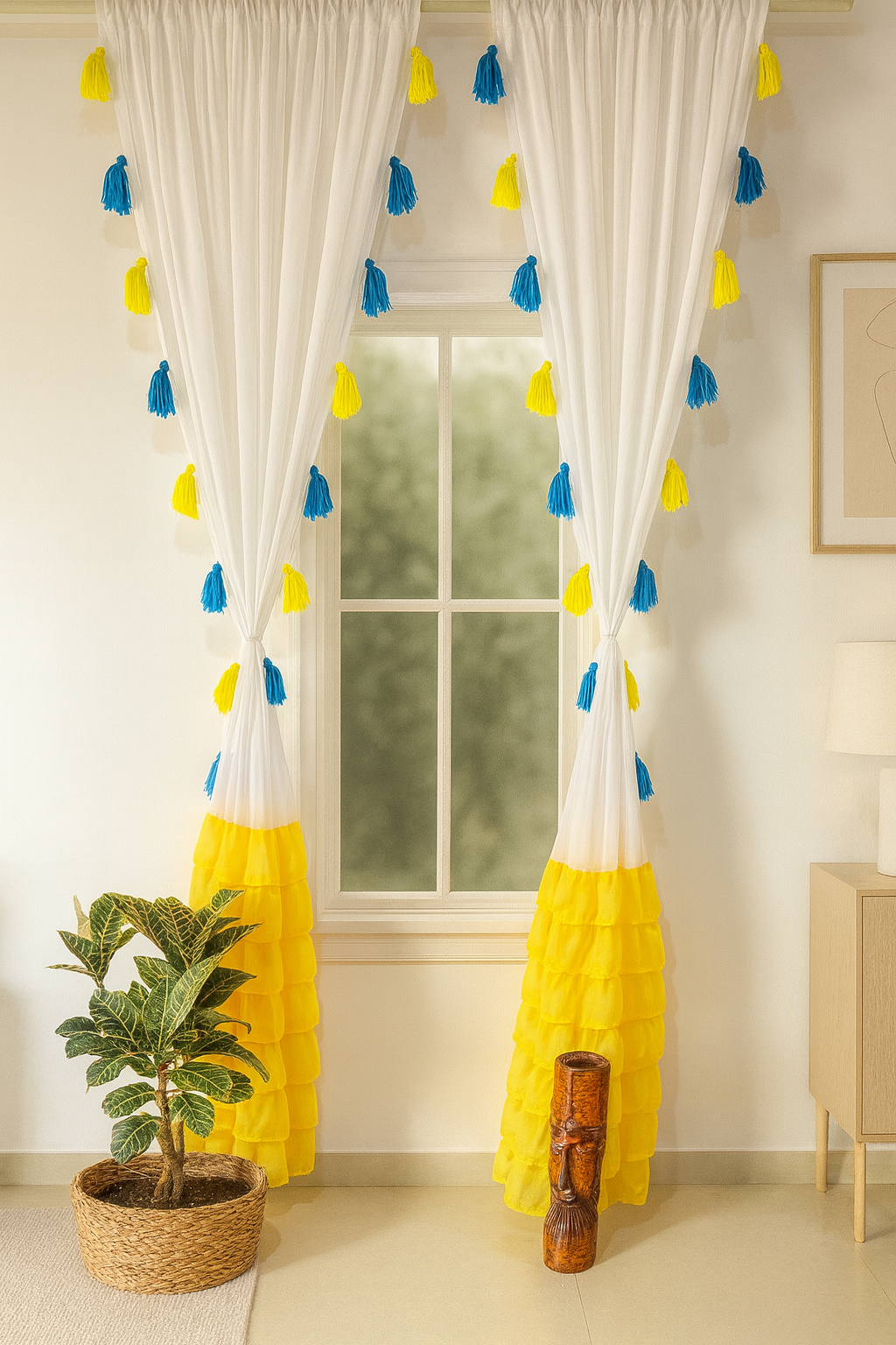 White Curtains with Yellow Layered Bottom and Blue-Yellow Tassels Main image