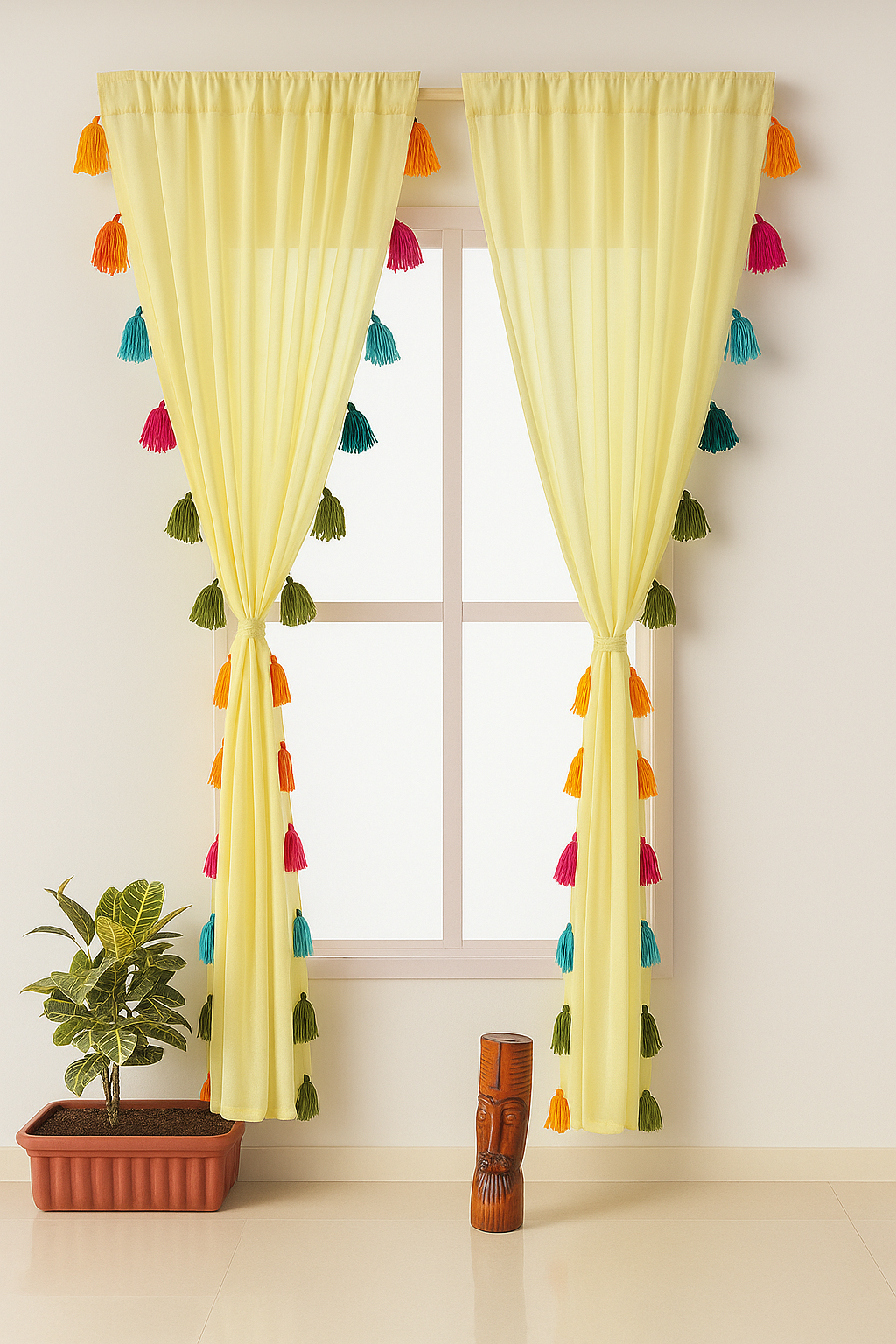 Sheer Yellow Window Curtain with Multicolor Tassel Detailing