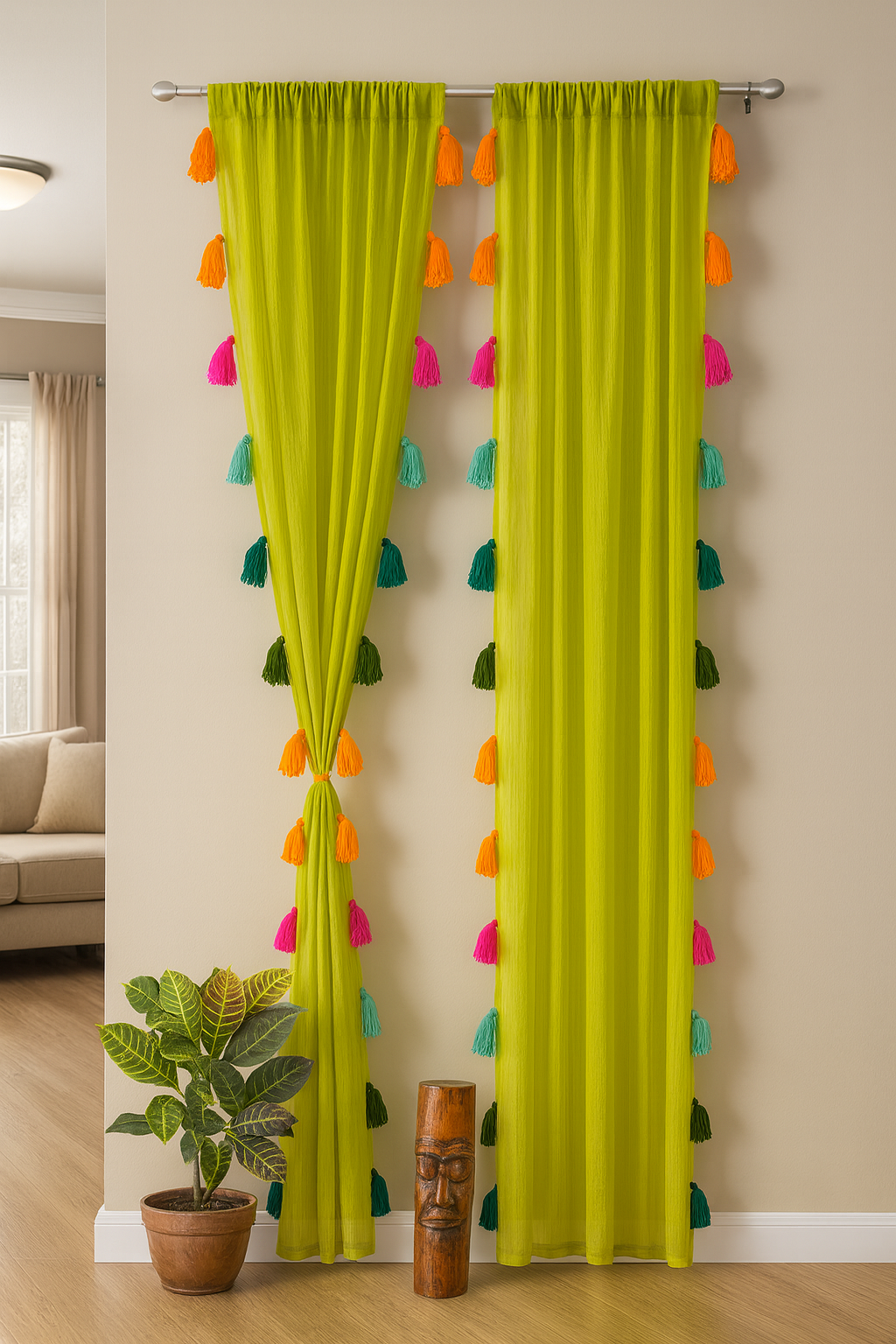 Sheer Yellow Green Window Curtain with Colorful Tassel Accents