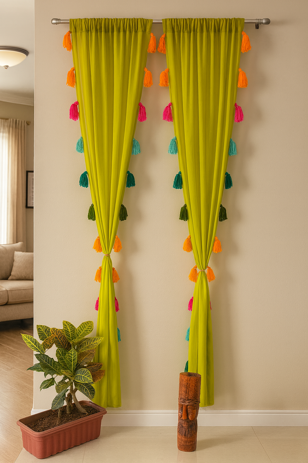 Sheer Yellow Green Window Curtain with Colorful Tassel Accents