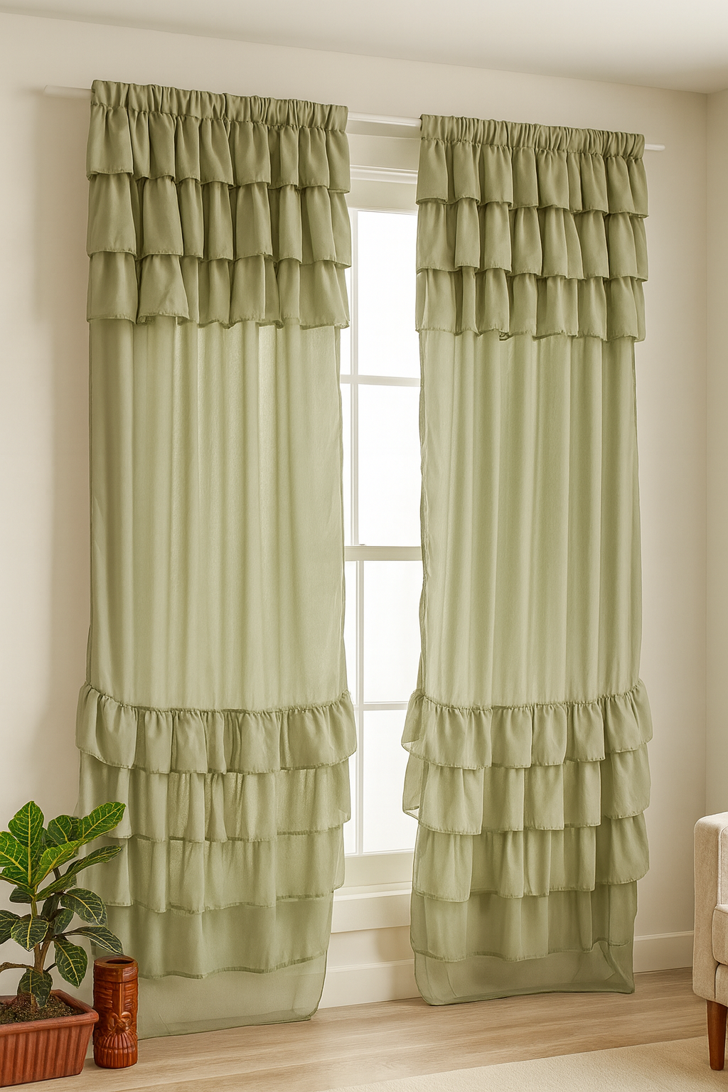 Soft Beige Solid Curtain with Elegant Layered Ruffle Detailing