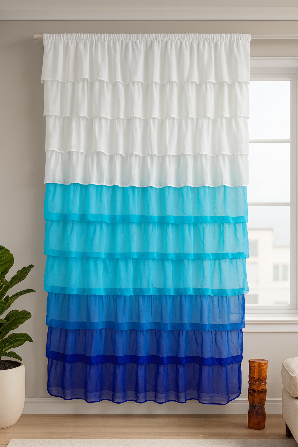 White and Blue Layered Sheer Curtain with Ruffle Detailing