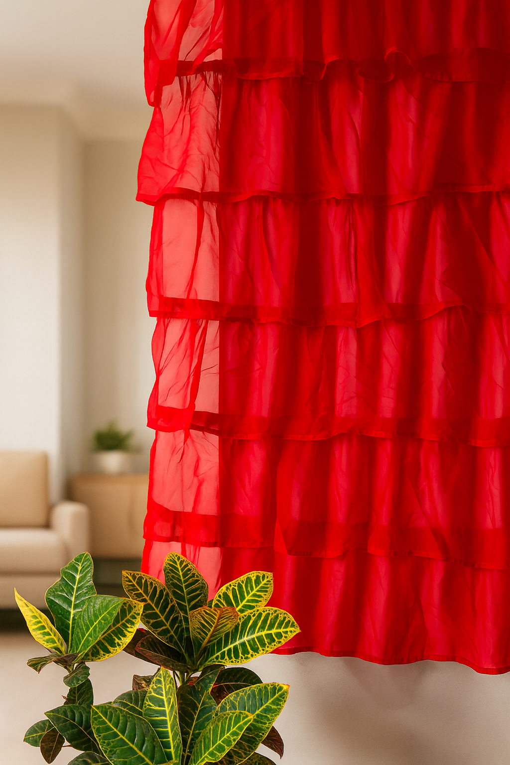 Bright Red Sheer Curtain with Multi Layer Ruffle Design Secondary image