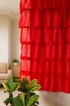 Bright Red Sheer Curtain with Multi Layer Ruffle Design