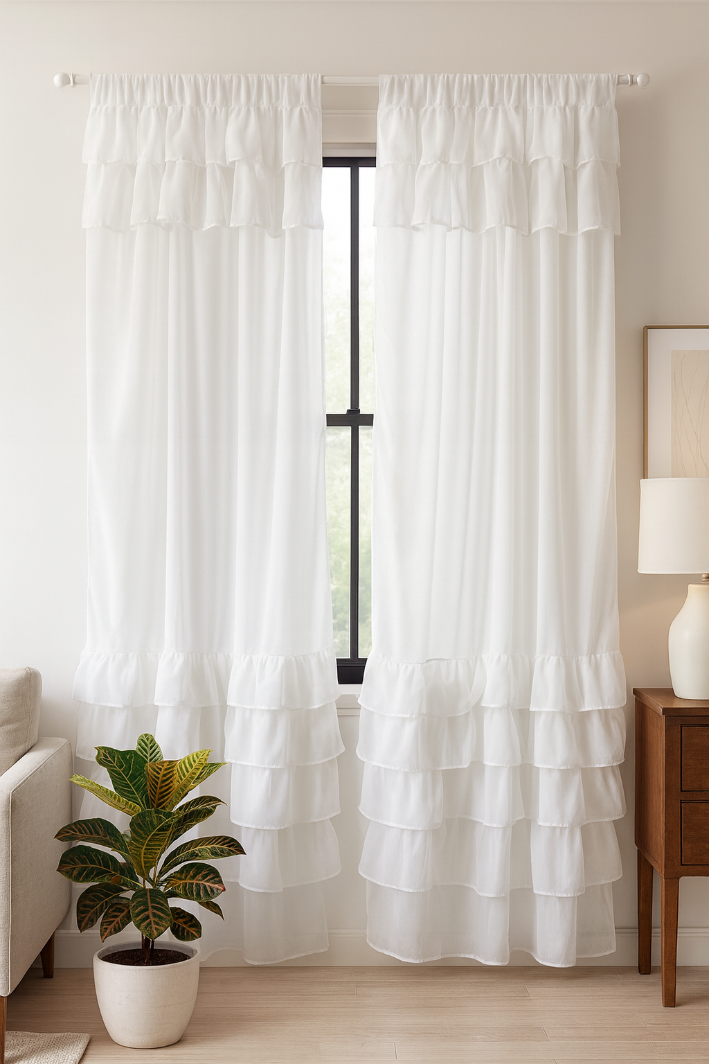 Solid White Curtain with Layered Ruffle Detailing