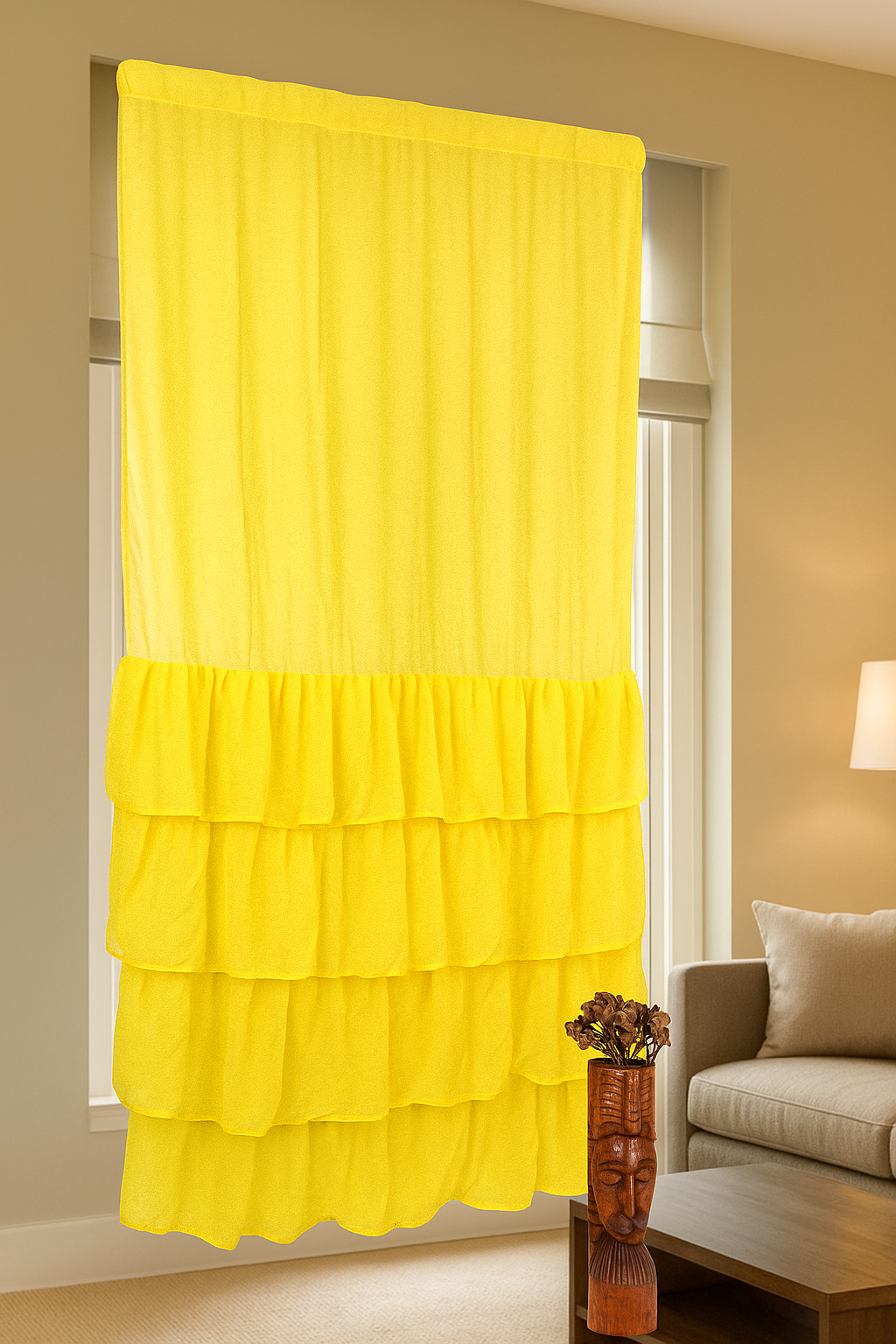 Yellow Sheer Window Curtain with Soft Layered Ruffle Design